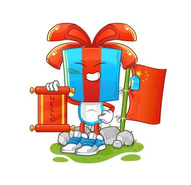 Hediye kafalı Çin çizgi filmi. çizgi film maskotu vektörü
