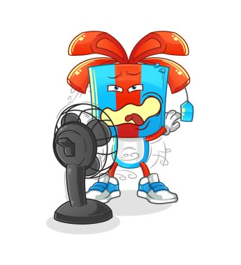 Hayran karakterinin önünde hediye kafa çizgi filmi. çizgi film vektörü