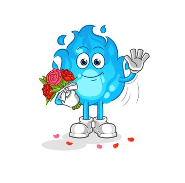 Buket maskotlu mavi ateş. çizgi film vektörü