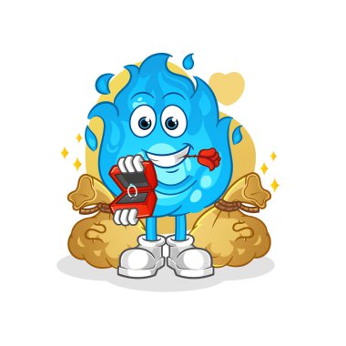 Mavi ateş yüzükle evlenme teklif ediyor. çizgi film maskotu vektörü