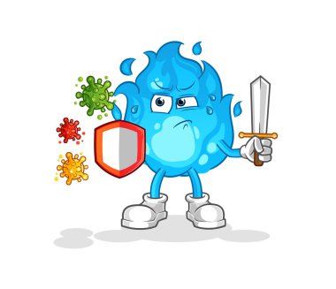 Virüs çizgi filmine karşı mavi ateş. çizgi film maskotu vektörü