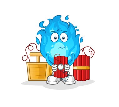 Mavi ateş dinamit karakteri taşıyor. çizgi film maskotu vektörü