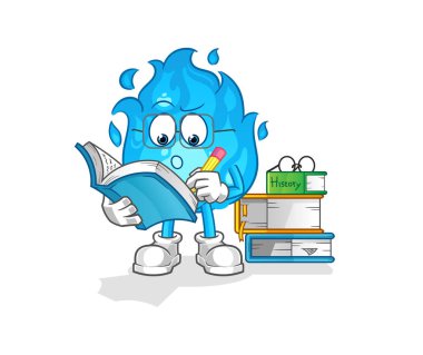 Mavi ateş maskotu inceliyor. çizgi film vektörü