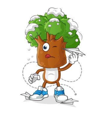 Kağıt uçak karakterli ağaç kafalı çizgi film. çizgi film vektörü