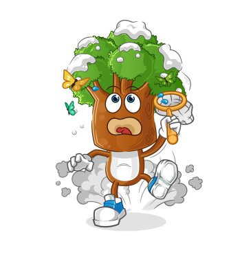 Ağaç başı çizgi filmi kelebek resimlerini yakalıyor. karakter vektörü