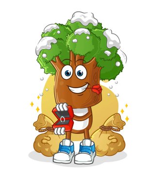 Ağaç kafalı çizgi film karakteri yüzükle evlenme teklif ediyor. çizgi film maskotu vektörü