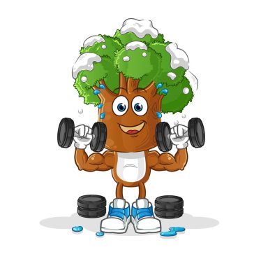 Ağaç başlı çizgi film ağırlık idmanı illüstrasyonu. karakter vektörü