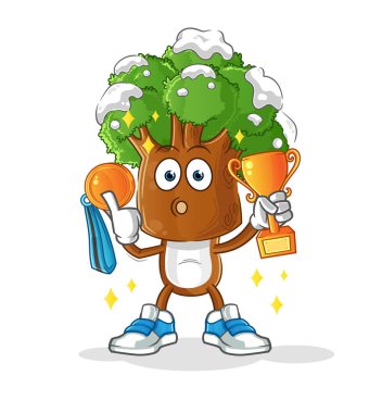 Ağaç kafalı çizgi film galibi trophie ile. çizgi film karakteri