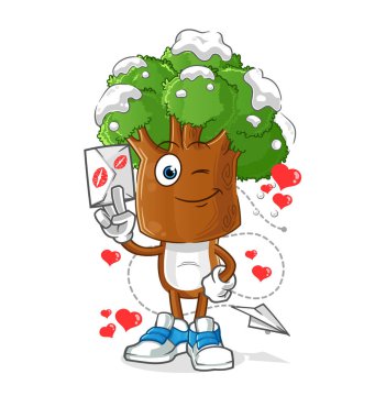 Ağaç kafalı karikatür aşk mektubu illüstrasyonu. karakter vektörü