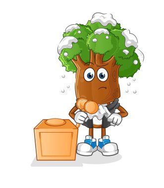 Ağaç kafalı çizgi film yargıcı tokmağı tutuyor. karakter vektörü