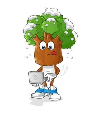 Dizüstü bilgisayarı maskotu olan ağaç kafalı çizgi film. çizgi film vektörü