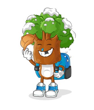 Ağaç kafalı karikatür okul vektörüne gidiyor. çizgi film karakteri