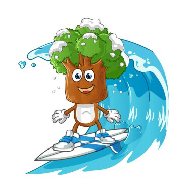 Ağaç kafalı sörf karakteri. çizgi film maskotu vektörü