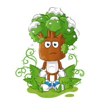 Ağaç kafalı çizgi film çok uzun bir maskot bekliyor. çizgi film vektörü