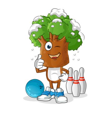 Ağaç kafalı çizgi film, bowling illüstrasyonu oynuyor. karakter vektörü