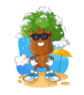 Ağaç kafalı çizgi film karakteri yazın güneşleniyor. karakter vektörü