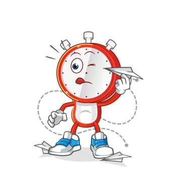 Çalar saat kafalı, kağıttan uçak karakterli çizgi film. çizgi film vektörü