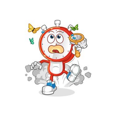 Çalar saat kafalı çizgi film kelebek resimlerini yakalıyor. karakter vektörü