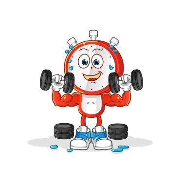 Çalar saat başlı çizgi film ağırlık idmanı illüstrasyonu. karakter vektörü