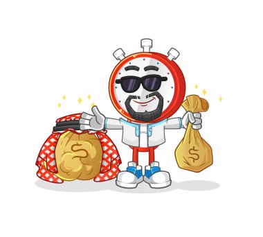 Çalar saat kafalı çizgi film kahramanı zengin Arap maskotu. çizgi film vektörü