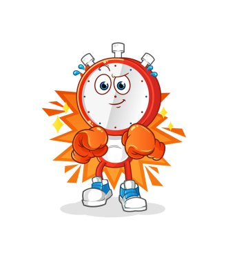 Çalar saat kafalı çizgi film boksörü karakteri. çizgi film maskotu vektörü