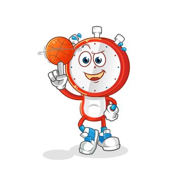 Çalar saat kafalı çizgi film, basket topu maskotunu oynuyor. çizgi film vektörü