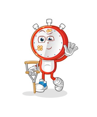 Çalar saat kafalı, topallayan sopalı hasta çizgi film karakteri. çizgi film vektörü