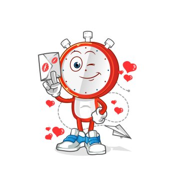 Çalar saat kafalı karikatür aşk mektubu illüstrasyonu. karakter vektörü