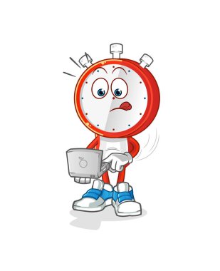 Çalar saat kafalı dizüstü bilgisayarlı bir karikatür. çizgi film vektörü