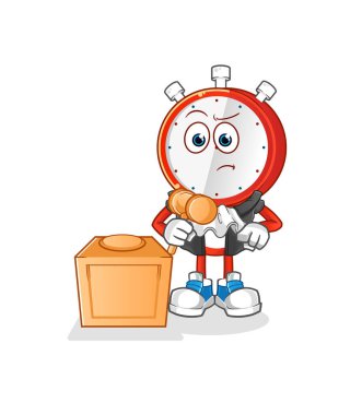 Çalar saat kafalı çizgi film yargıcı tokmağı tutuyor. karakter vektörü