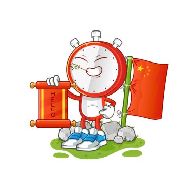 Çalar saat kafalı Çin çizgi filmi. çizgi film maskotu vektörü