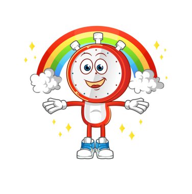 Çalar saat kafalı, gökkuşaklı bir çizgi film. çizgi film vektörü