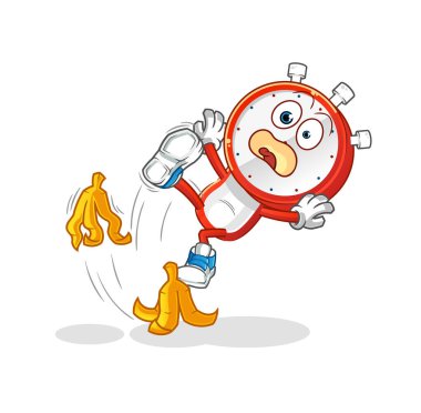 Çalar saat kafalı karikatür muza basıp kaydı. çizgi film maskotu vektörü