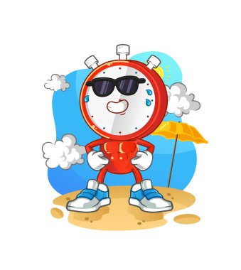 Çalar saat kafalı çizgi film karakteri yazın güneşleniyor. karakter vektörü