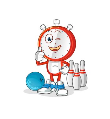 Çalar saat kafalı çizgi film karakteri bowling illüstrasyonu oynuyor. karakter vektörü