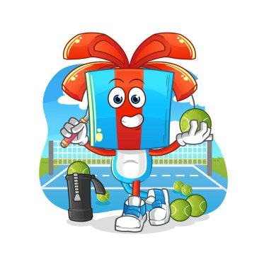 Hediye kafası çizgi filmi tenis illüstrasyonu oynar. karakter vektörü