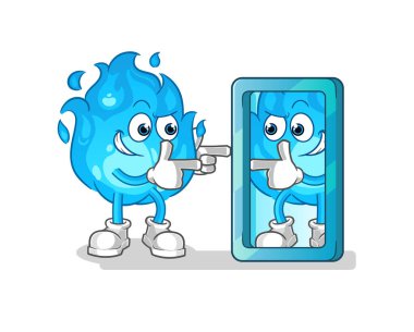 Mavi ateş ayna karikatürüne bakıyor. çizgi film maskotu vektörü