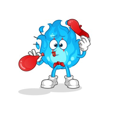 Mavi ateş pandomim balonu şişiriyor. çizgi film maskotu vektörü