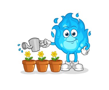 Mavi ateş çiçek maskotunu suluyor. çizgi film vektörü