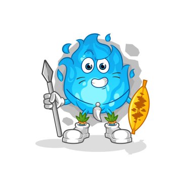 Mavi Ateş Afrikalı kabile savaşçı maskotu. çizgi film vektörü