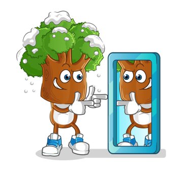 Ağaç kafalı çizgi film aynaya bakıyor. çizgi film maskotu vektörü