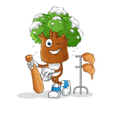 Ağaç kafalı çizgi film karakteri beyzbol maskotunu oynuyor. çizgi film vektörü