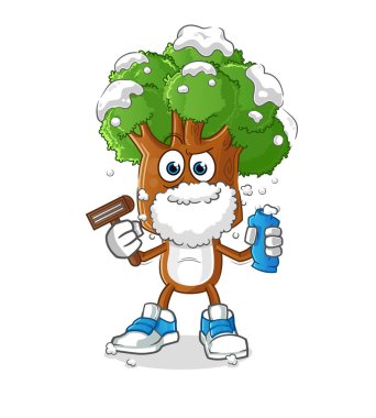 Ağaç kafalı çizgi film karakteri yüz kıllarını tıraş ediyor. çizgi film karakteri