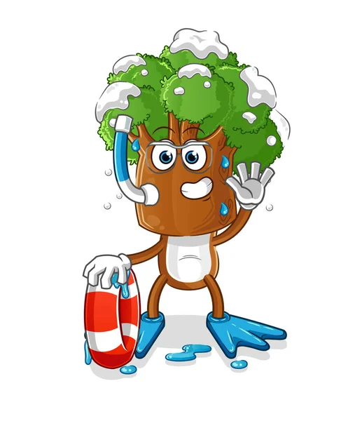 Tree Head Cartoon Swimmer Buoy Mascot Cartoon Vector — Stock Vector