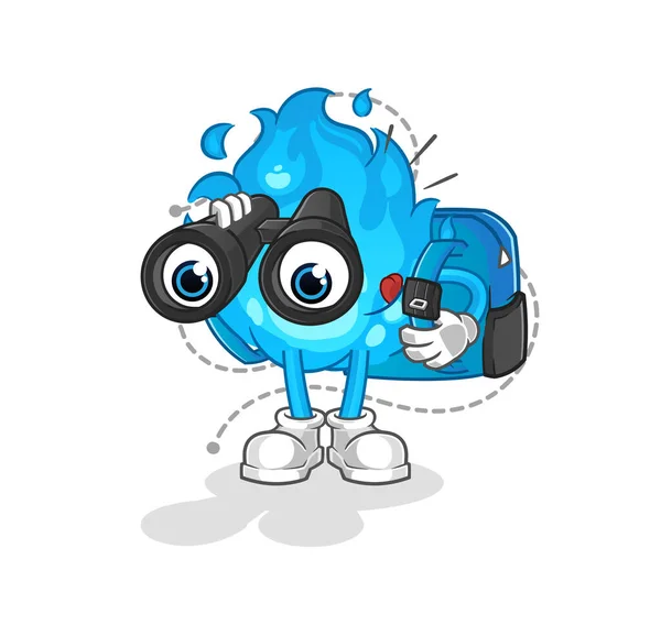 Fogo Azul Com Caráter Binóculos Vetor Mascote Desenhos Animados — Vetor de Stock