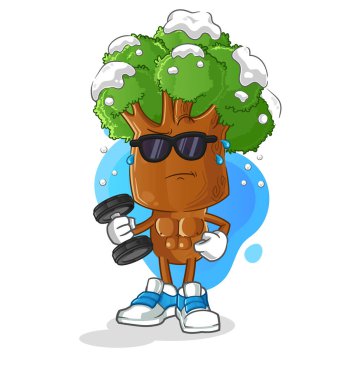 Ağaç başı çizgi filmi dambıl vektörünü kaldırıyor. çizgi film karakteri