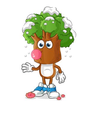 Ağaç başlı çizgi film sakız çiğneme vektörü. çizgi film karakteri