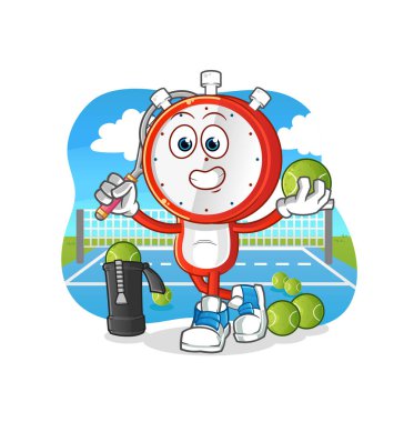 Çalar saat kafalı karikatür tenis illüstrasyonu oynuyor. karakter vektörü
