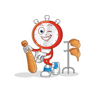 Beyzbol maskotunu oynayan çalar saat kafalı çizgi film. çizgi film vektörü