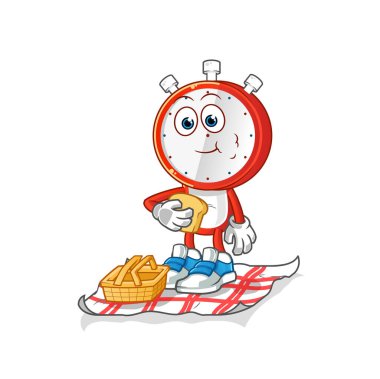 Piknikteki çalar saat kafalı çizgi film. çizgi film maskotu vektörü